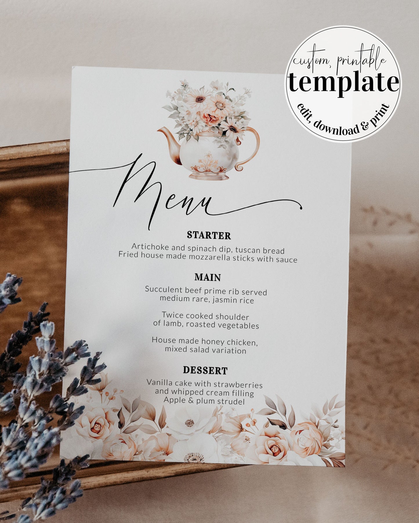 Bridgertone Themed Teaparty Menu Cards, Bridal Teaparty Decorations, Floral Regency Core Bridal Brunch or Picknick Menu Template #073 - TheLovebirdsDesign