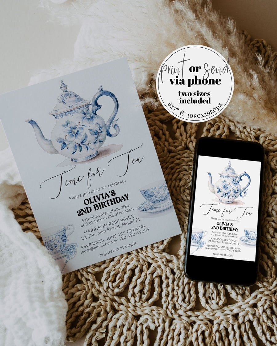 Blue Toile Tea Party Birthday Invitation Template, High Tea Garden Brunch Invite 029BL-BINV - marryful.org
