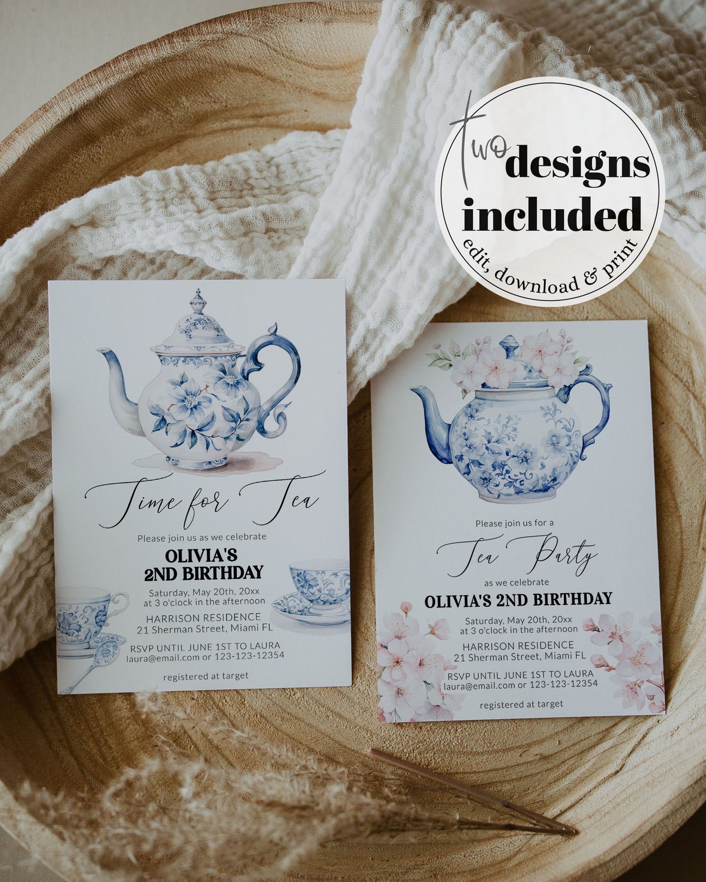 Blue Toile Teaparty Birthday Invitation, Cottagecore Garden Party Birthday Invite, Royal High Tea Download Best-Tea Birthday Printable #073 - TheLovebirdsDesign