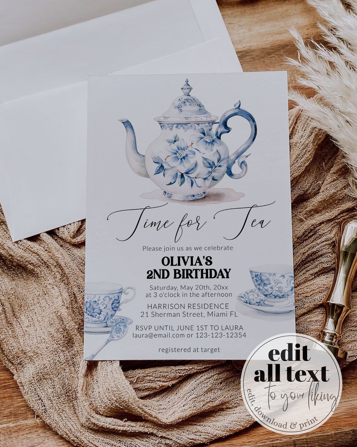 Blue Toile Teaparty Birthday Invitation, Cottagecore Garden Party Birthday Invite, Royal High Tea Download Best-Tea Birthday Printable #073 - TheLovebirdsDesign