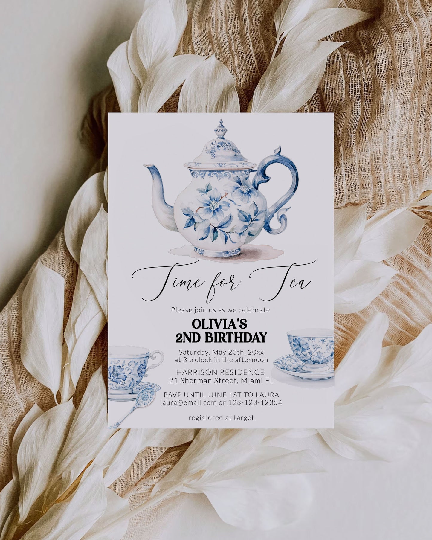 Blue Toile Teaparty Birthday Invitation, Cottagecore Garden Party Birthday Invite, Royal High Tea Download Best-Tea Birthday Printable #073 - TheLovebirdsDesign