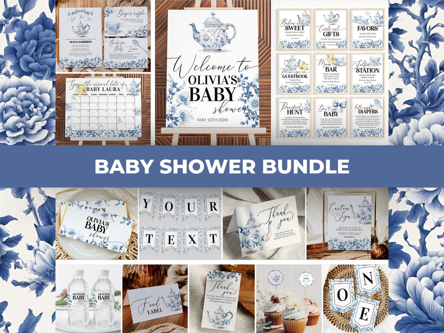 Something Blue Tea Party Baby Shower Bundle Template, Cottagecore Garden Party Decor 029BL-BSBUNDLE - marryful.org