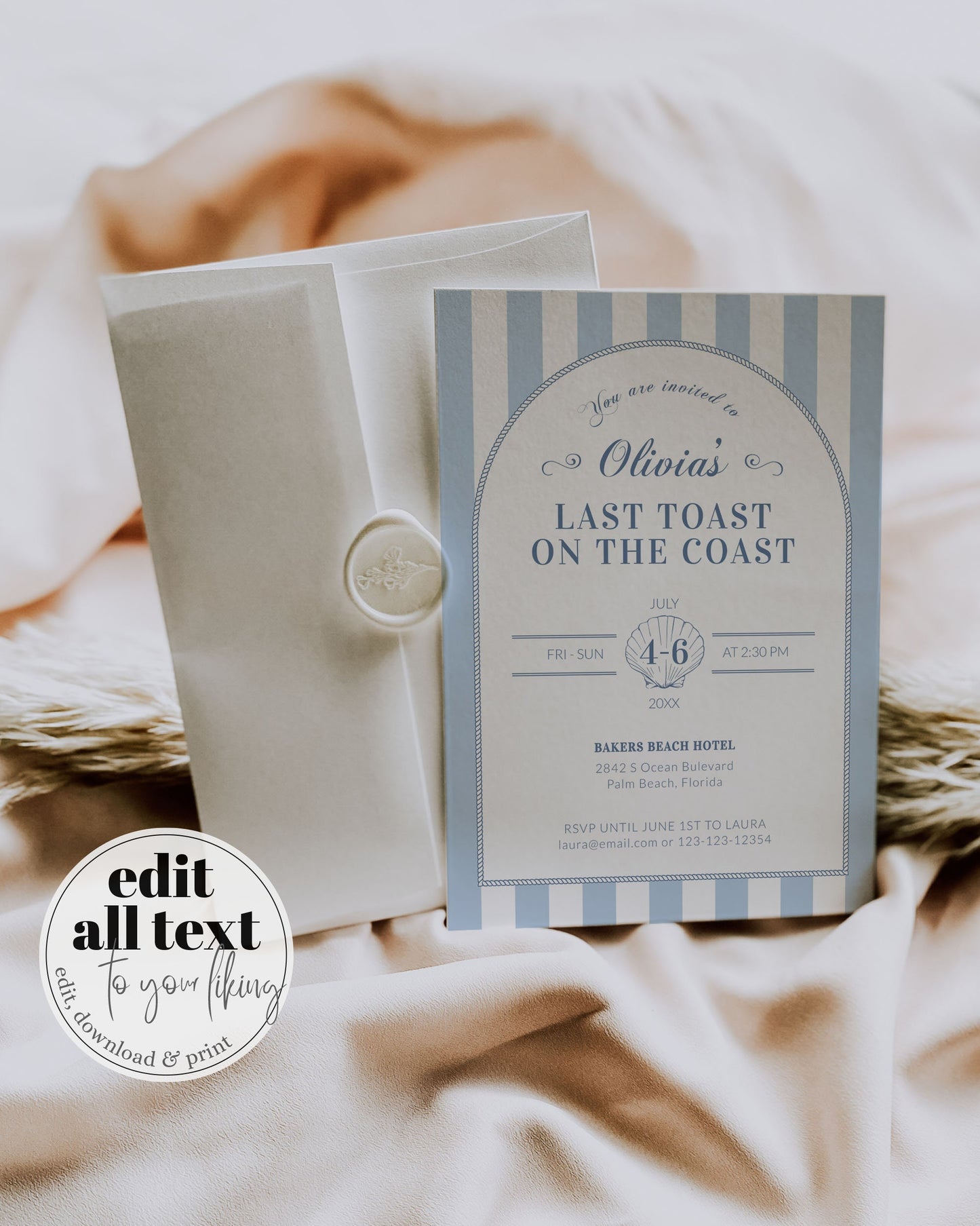 Coastal Bachelorette Invitation and Itinerary Template, Last Toast on the Coast, Coastal Grandma Beach Bridal Shower Printable Template #072 - TheLovebirdsDesign