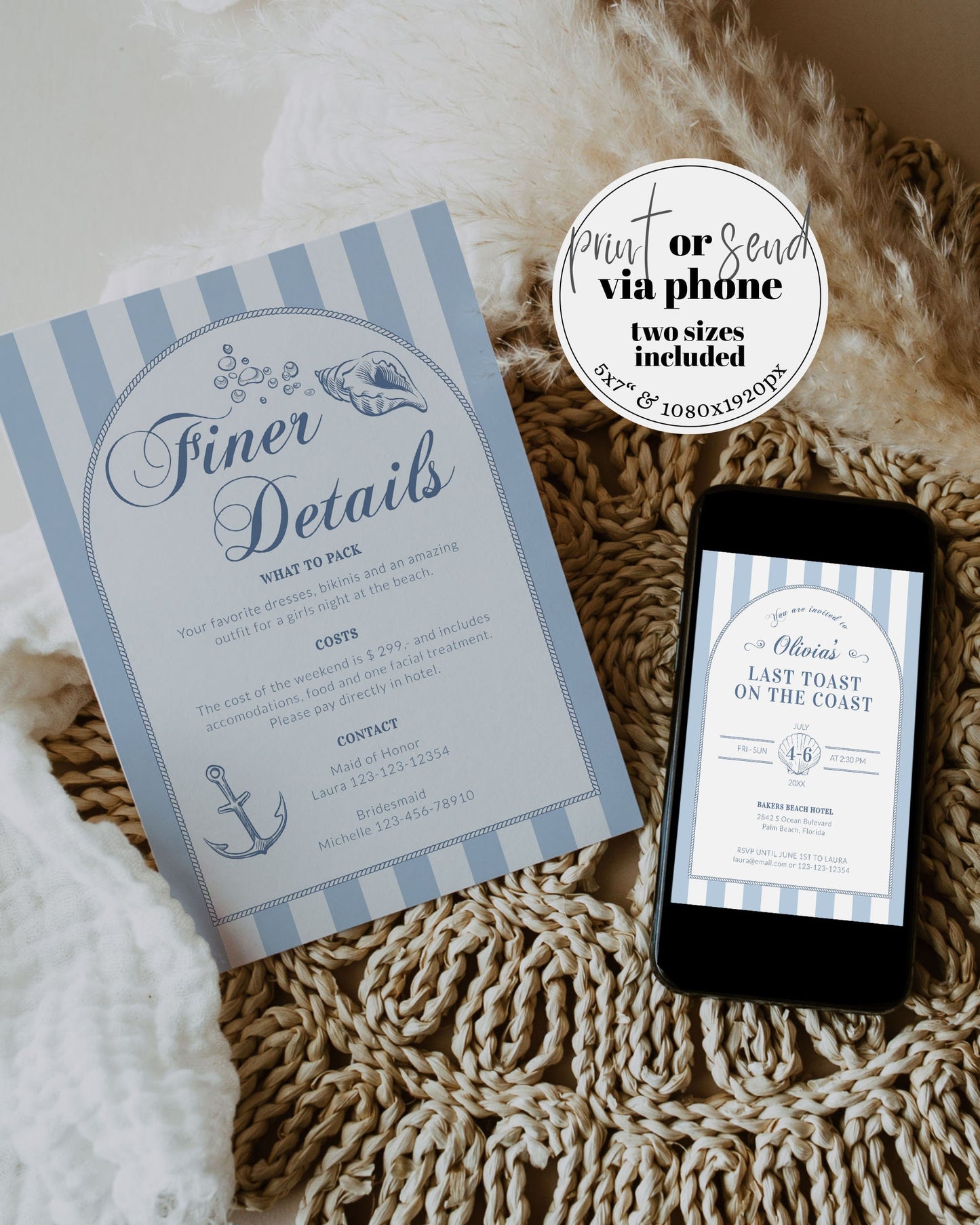 Coastal Bachelorette Invitation and Itinerary Template, Last Toast on the Coast, Coastal Grandma Beach Bridal Shower Printable Template #072 - TheLovebirdsDesign