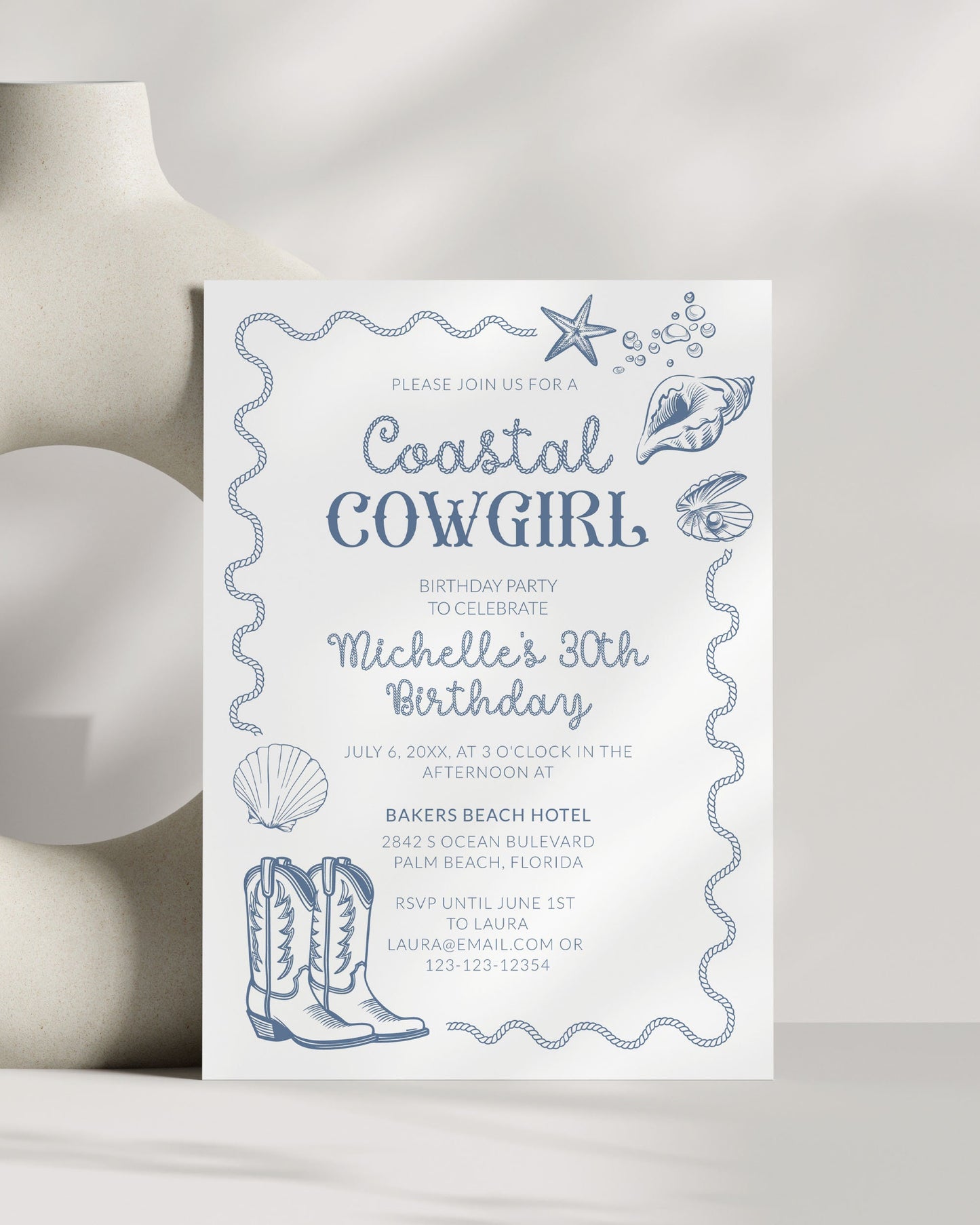 Coastal Cowgirl Birthday Invitation for Toast on Coast in Hampton or Miami, Adult Woman Beach Birthday Invitation Printable Template #072 - TheLovebirdsDesign