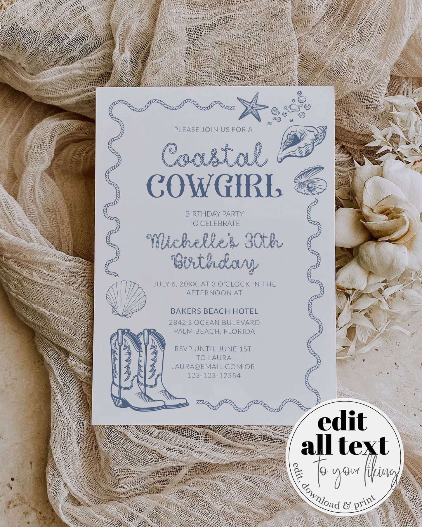 Coastal Cowgirl Birthday Invitation for Toast on Coast in Hampton or Miami, Adult Woman Beach Birthday Invitation Printable Template #072 - TheLovebirdsDesign