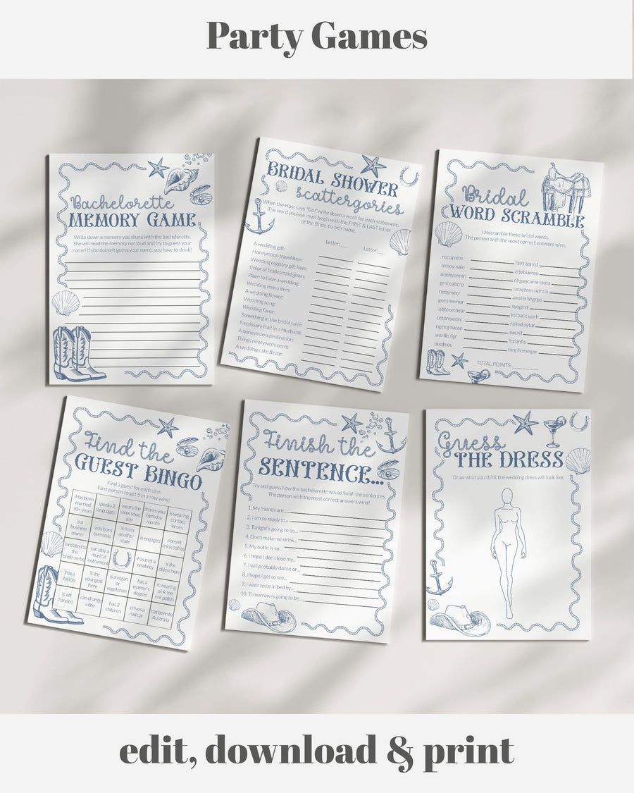 Coastal Cowgirl Bachelorette Games Bundle, Beach Bridal Shower Printable Set 024CC-BACHGAMEB