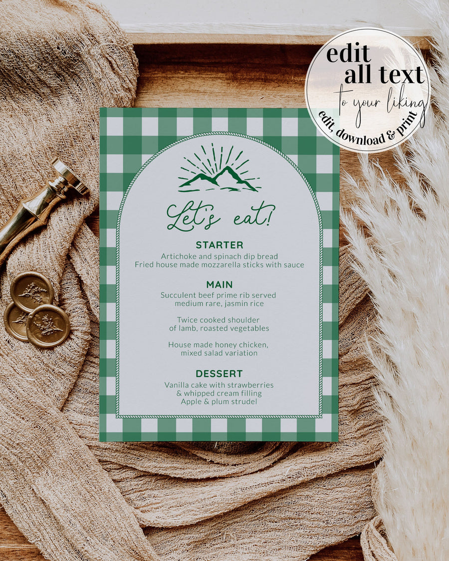 Camping Bachelorette Menu, Camp or Glamping Cocktail Food Menu Card Template 016GR-MENU - marryful.org