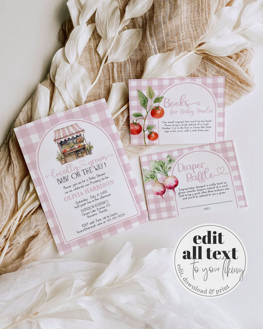 Locally Grown Baby Shower Invitation Bundle, Farmers Market Veggie Girl Template 003LG-BSINV-PI - marryful.org