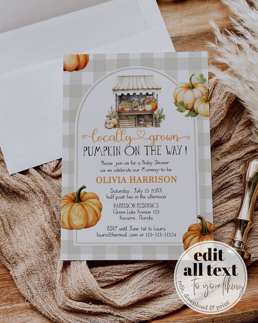 Fall Farmers Market Baby Shower Invitation Template, Locally Grown Pumpkin Gender Neutral 003LG-BSINV - marryful.org