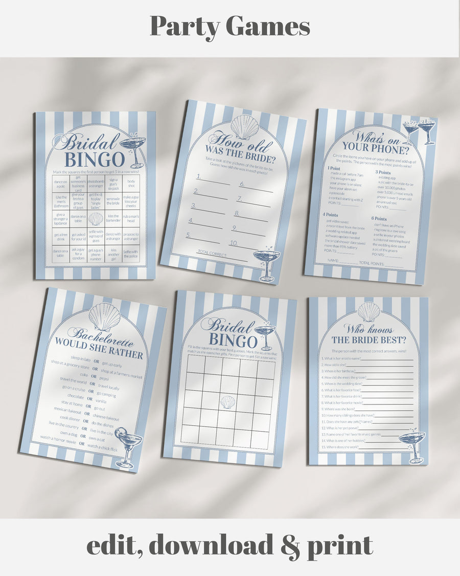 Coastal Bachelorette Games Bundle, Last Toast on the Coast Bridal Shower Set 085CO-GAME-BUN
