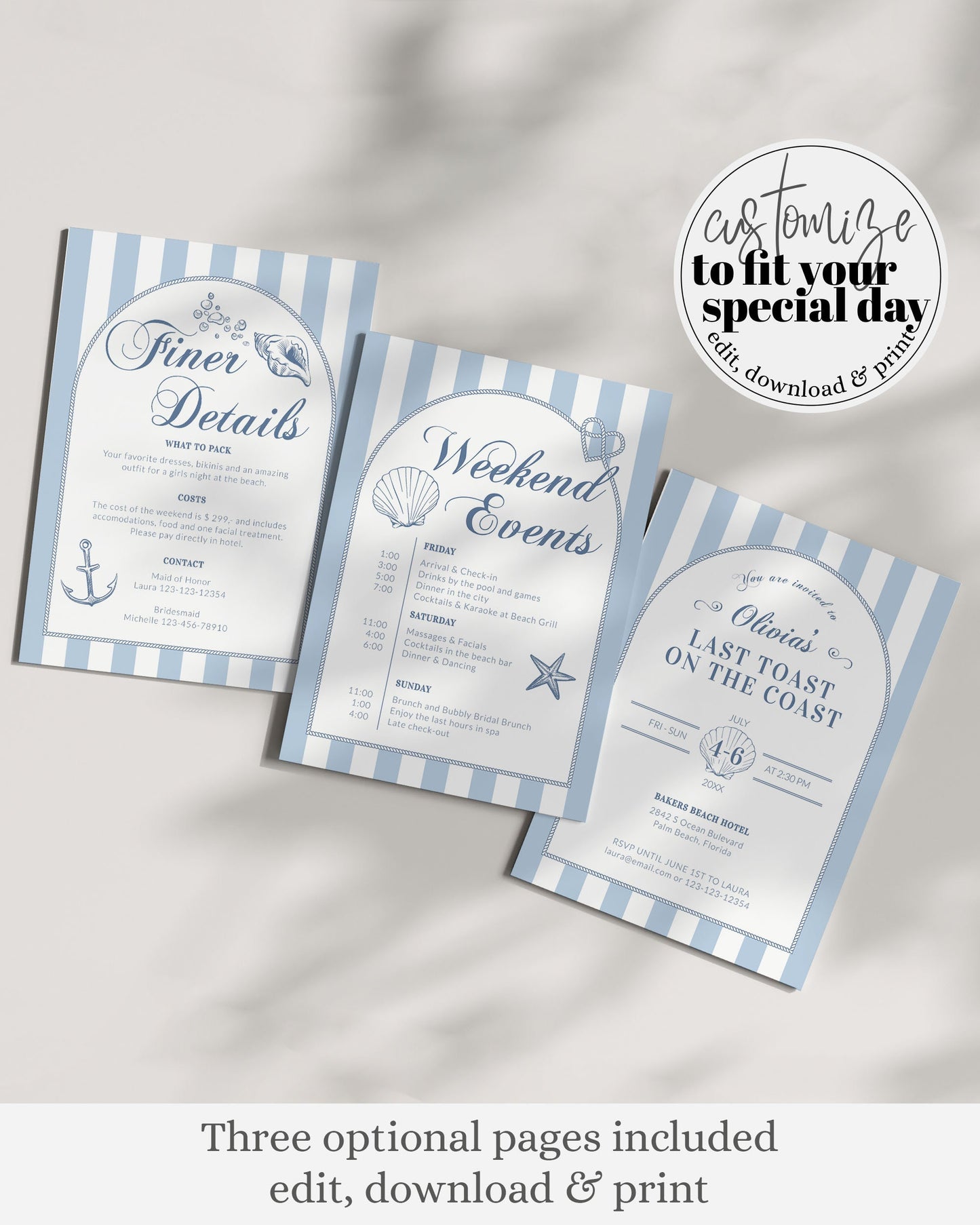 Coastal Bachelorette Invitation and Itinerary Template, Last Toast on the Coast, Coastal Grandma Beach Bridal Shower Printable Template #072 - TheLovebirdsDesign