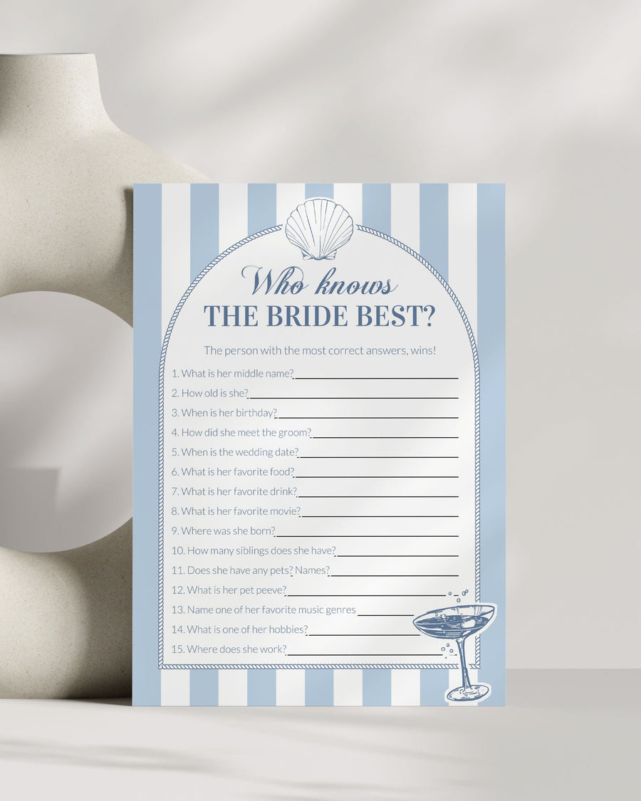 Coastal Bachelorette Who Knows the Bride Game, Last Toast on the Coast Printable 085CO-GAME