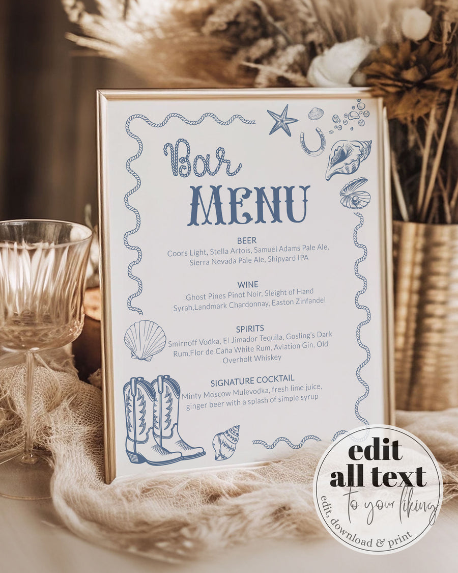 Coastal Cowgirl Bar Menu, Nautical Bachelorette Drinks Menu Beach Shower Template 024CC-BAME