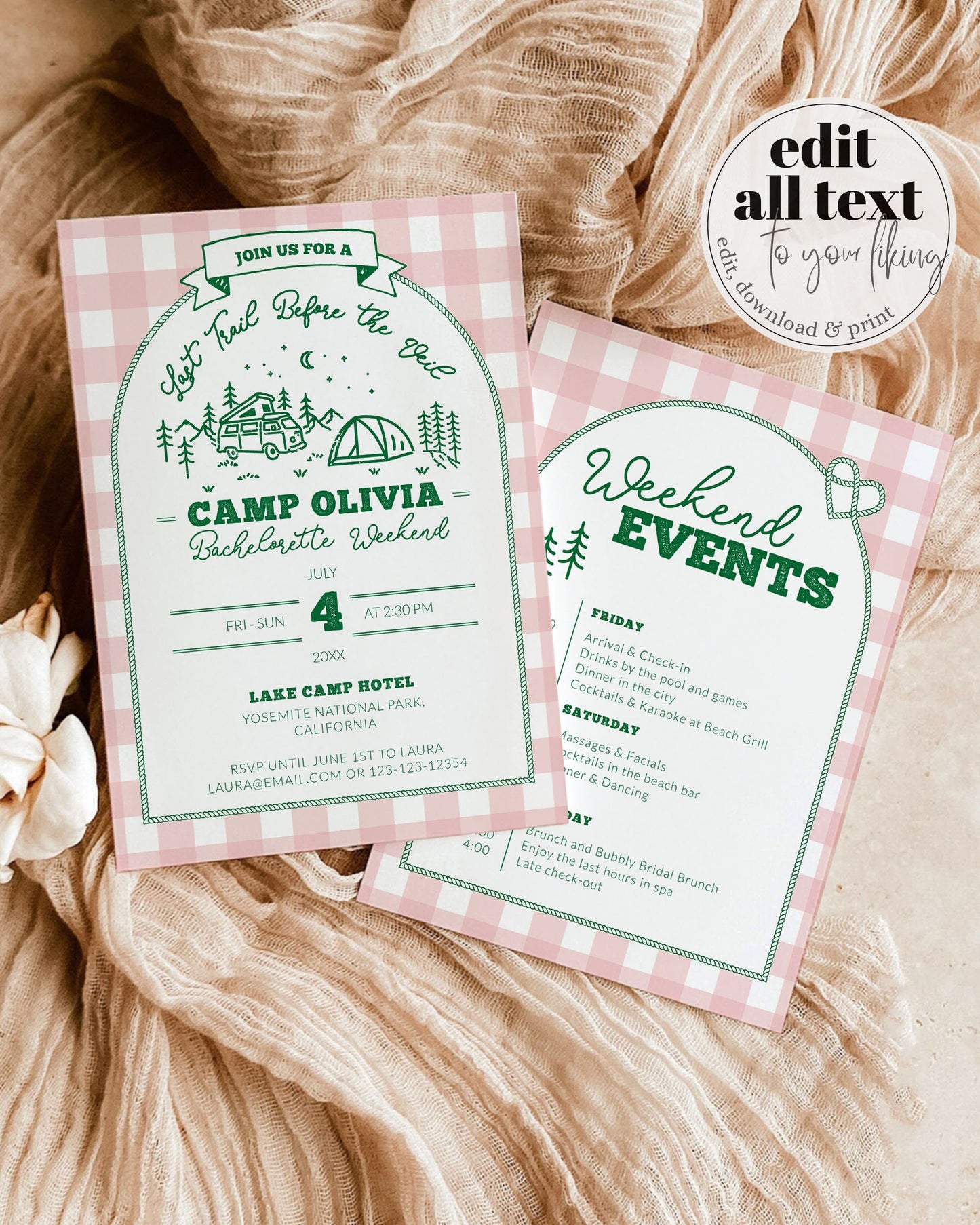 Camp Bachelorette Itinerary for Naturepark Bridal Shower, Camping Bachelorette Invitation, Last Trail before Veil Bachelorette Weekend #072 - TheLovebirdsDesign