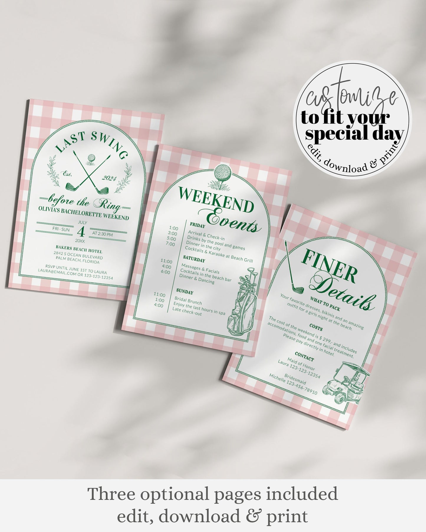 Golf Bachelorette Itinerary, Hole in One Par Tee Girls Weekend Trip Itinerary, Luxury Country Club Old Money Aesthetic Printable #072 - TheLovebirdsDesign