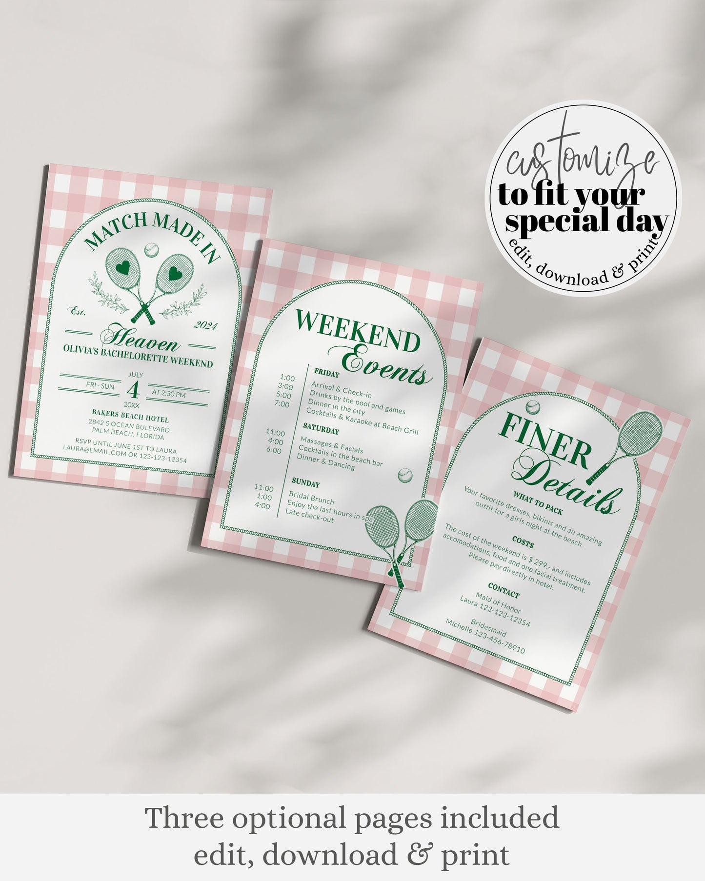 Tennis Bachelorette Itinerary for Pickleball Bridal Shower, Perfect Match Bachelorette Invitation, Last Swing before Ring Girls Trip #072 - TheLovebirdsDesign