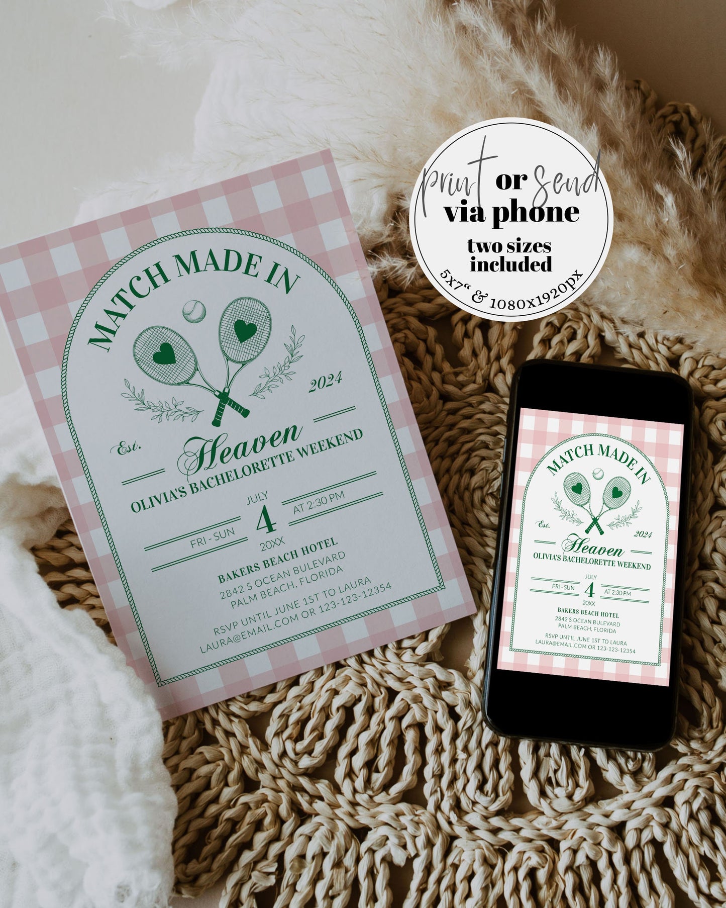 Tennis Bachelorette Itinerary for Pickleball Bridal Shower, Perfect Match Bachelorette Invitation, Last Swing before Ring Girls Trip #072 - TheLovebirdsDesign