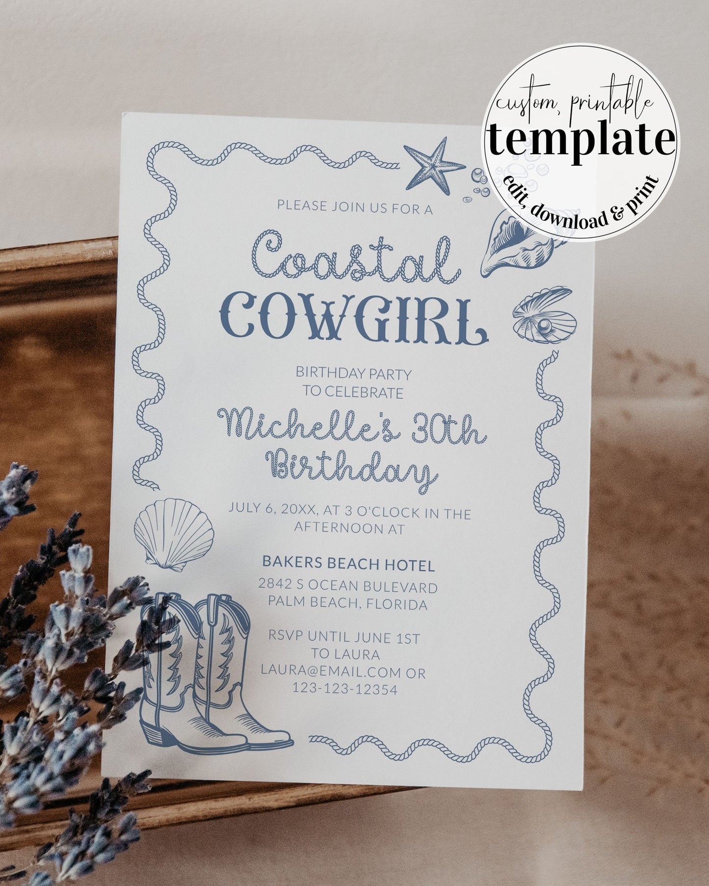 Coastal Cowgirl Birthday Invitation for Toast on Coast in Hampton or Miami, Adult Woman Beach Birthday Invitation Printable Template #072 - TheLovebirdsDesign