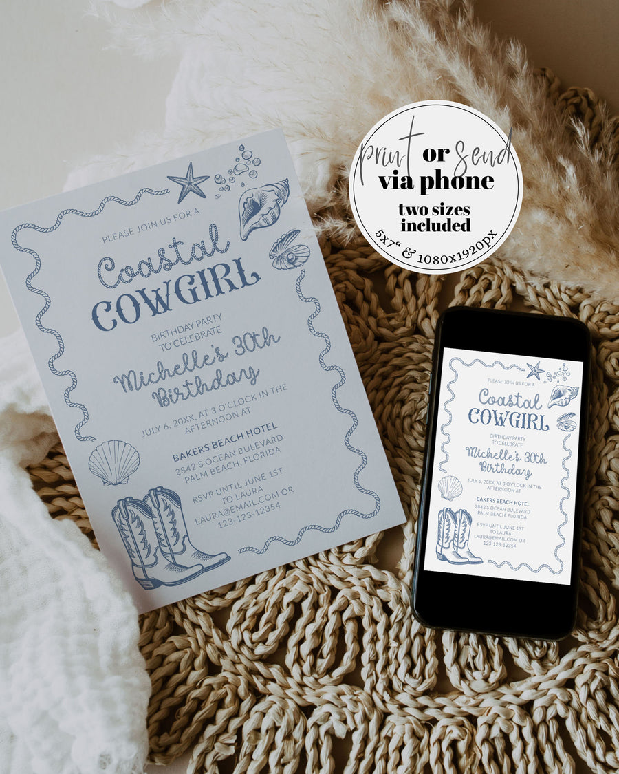 Coastal Cowgirl Birthday Invitation, Beach Adult Party Printable Template 024CC-BINV - marryful.org