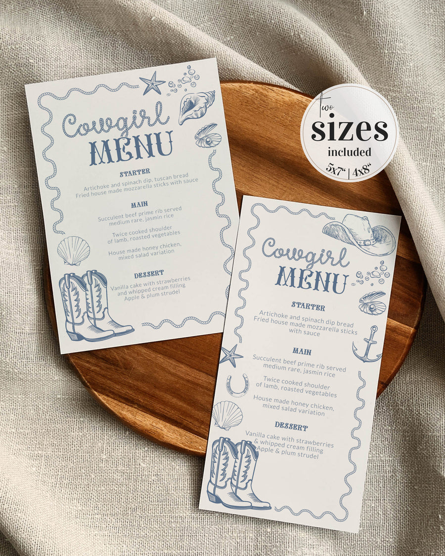 Coastal cowgirl bridal shower menu card template with western style, seashell details and editable dinner menu text for a beachy cowgirl celebration.