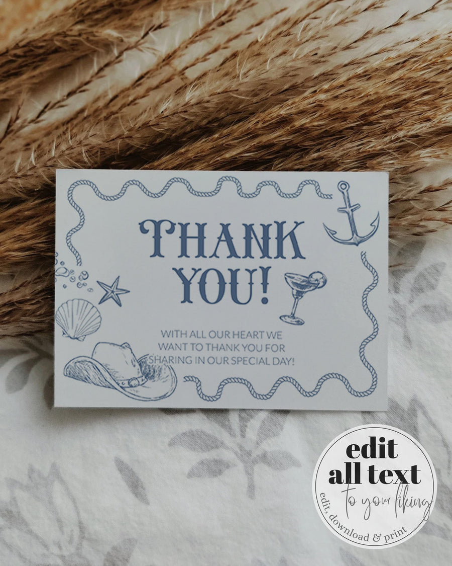 Coastal Cowgirl Thank You Card, Nautical Bachelorette Last Toast on the Coast Printable 024CC-THCA