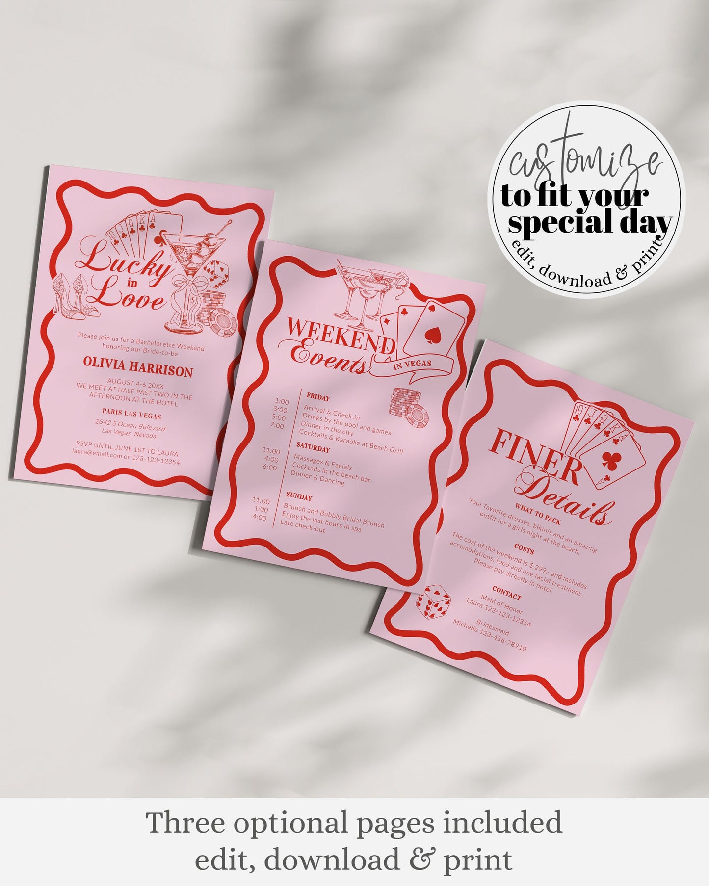 Lucky in Love Handwritten Bachelorette Invitation, Las Vegas Bridal Shower Girls Trip Bach Weekend Itinerary Printable Template Invite #072 - TheLovebirdsDesign