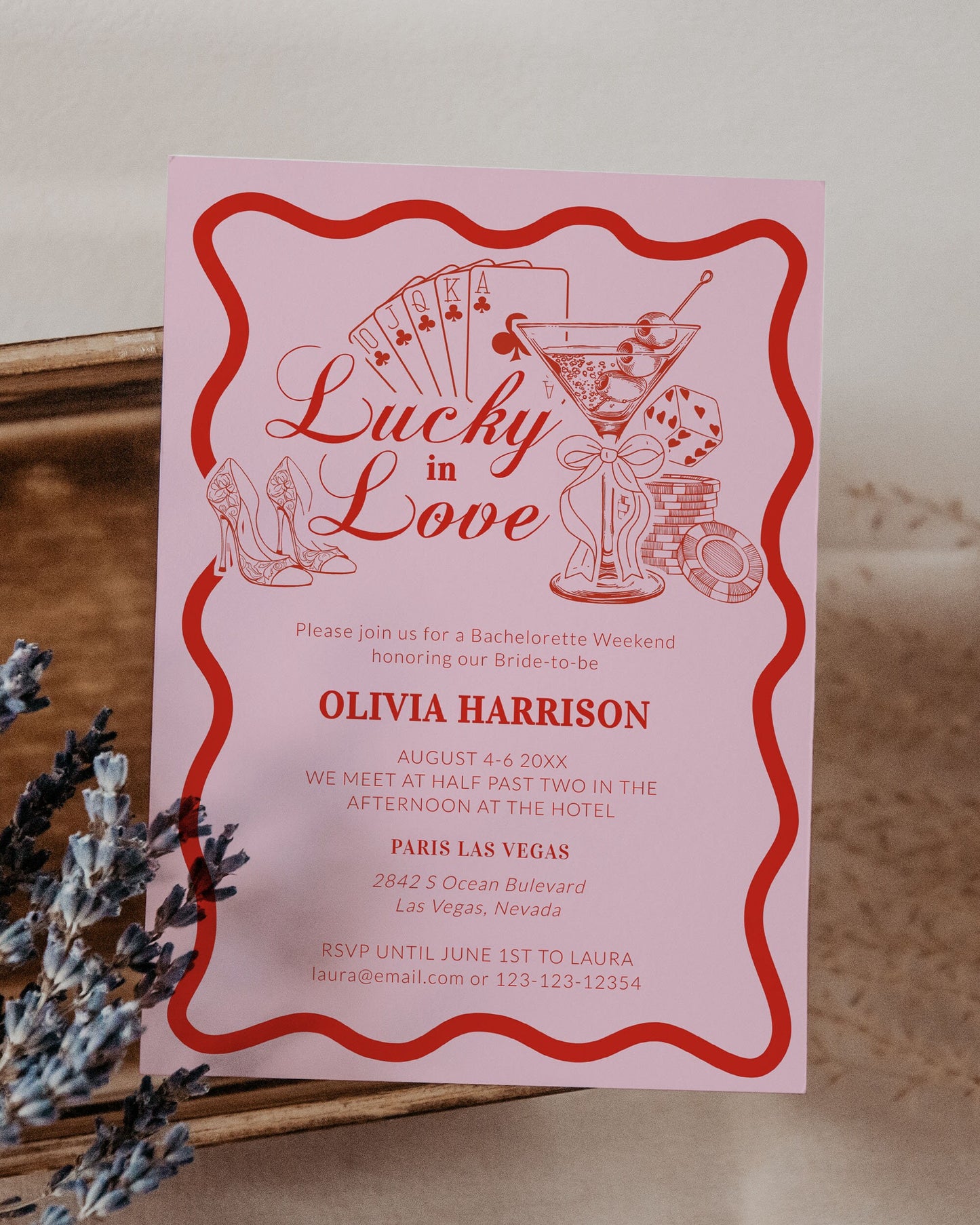 Lucky in Love Handwritten Bachelorette Invitation, Las Vegas Bridal Shower Girls Trip Bach Weekend Itinerary Printable Template Invite #072 - TheLovebirdsDesign