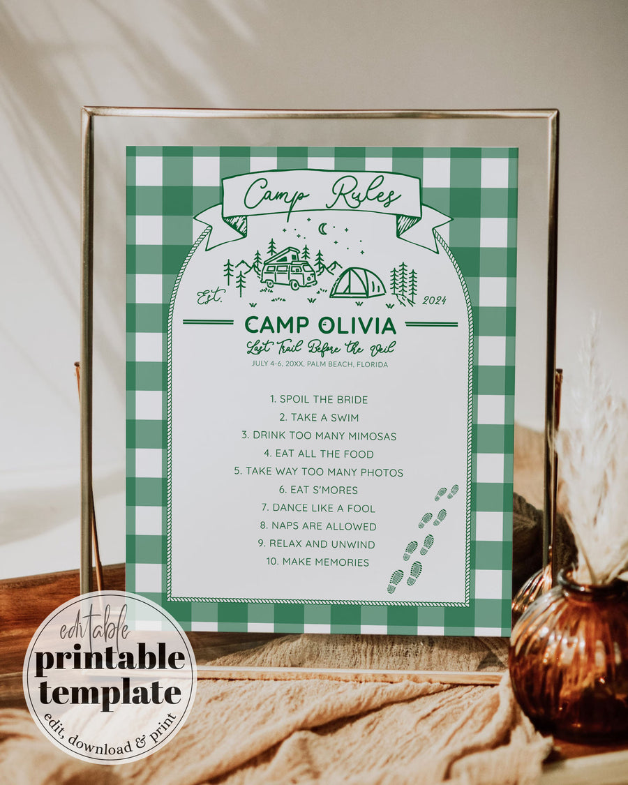 Camp Rules Party Sign Template, Camping Birthday or Bachelorette Decor, Editable Template 016GR-CARUSI - marryful.org