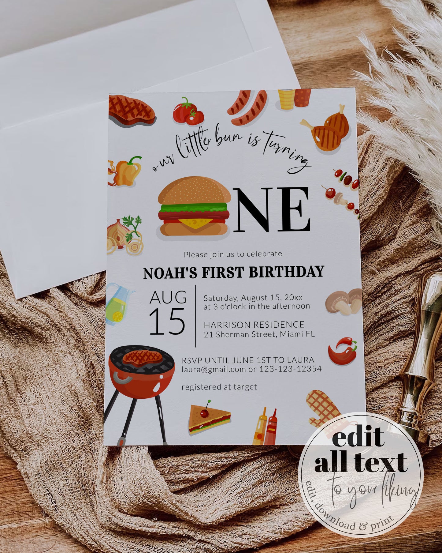 BBQ Burger 1st Birthday Invite, Bun ist turning ONE BBQ Summer Boy Invite for a Backyard Barbecue, First Birthday Suite Template #072a - TheLovebirdsDesign