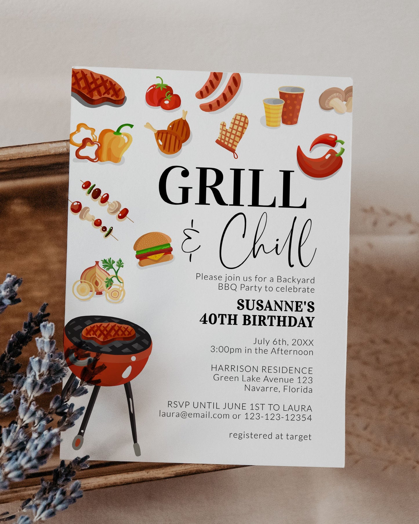 Grill and Chill BBQ Party Invite for Summer Family Reunion, Outdoor Grill Cockout, Fathers Day Barbeque or 60th Birthday Invite #072a - TheLovebirdsDesign