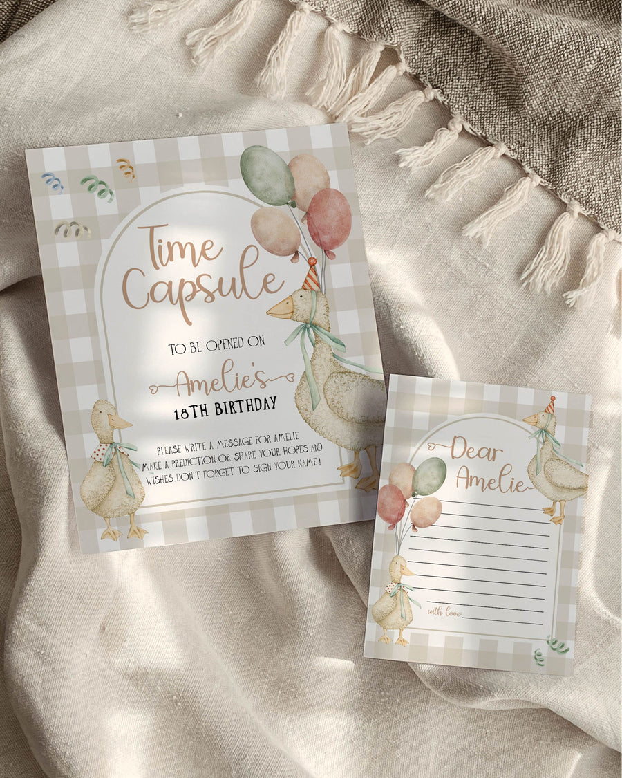 Time Capsule Sign Template for Birthday, Silly Goose Beige Gingham Keepsake Sign 004SG-TICA - marryful.org