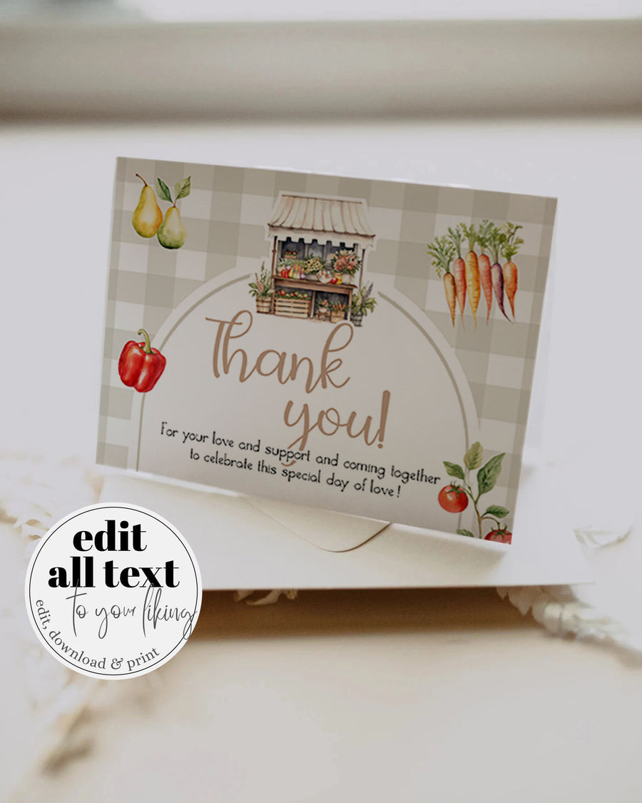 Locally Grown Thank You Card for Gender Neutral Farmers Market Baby Shower Decorations, Veggie Thank You Note Printable Template #068 - marryful.org