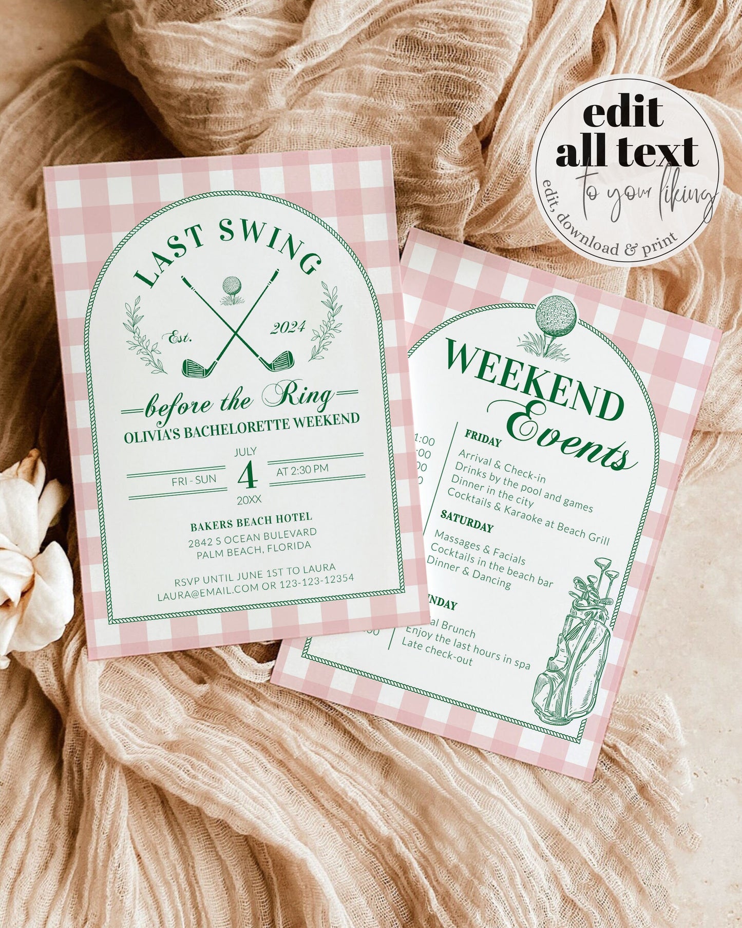 Golf Bachelorette Itinerary, Hole in One Par Tee Girls Weekend Trip Itinerary, Luxury Country Club Old Money Aesthetic Printable #072 - TheLovebirdsDesign