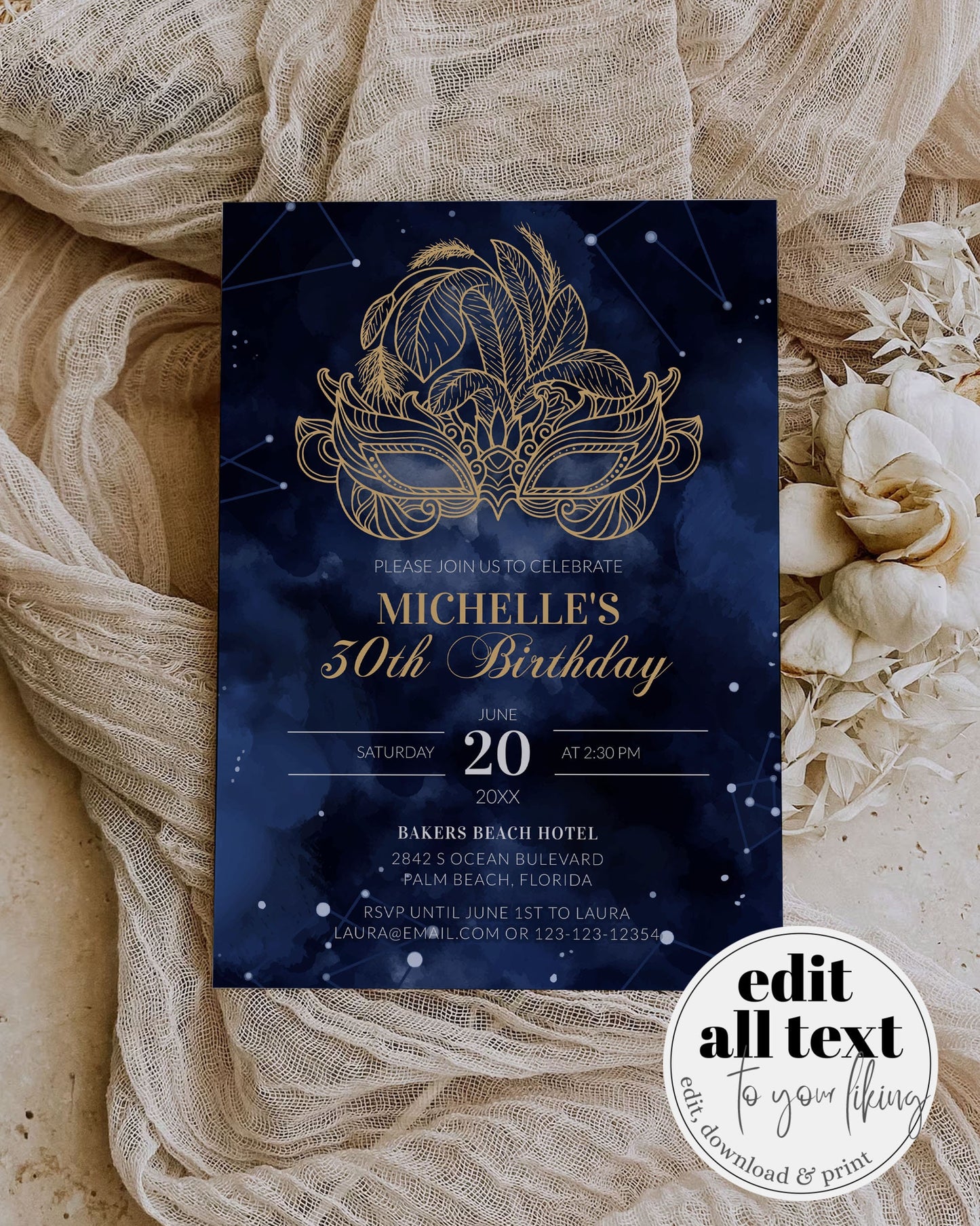 Luxury Masked Party Invitation Quinceanera, 30th Birthday, Sweet Sixteen Celebration, Downloadable Masquerade Invite Celestial Template #066 - TheLovebirdsDesign