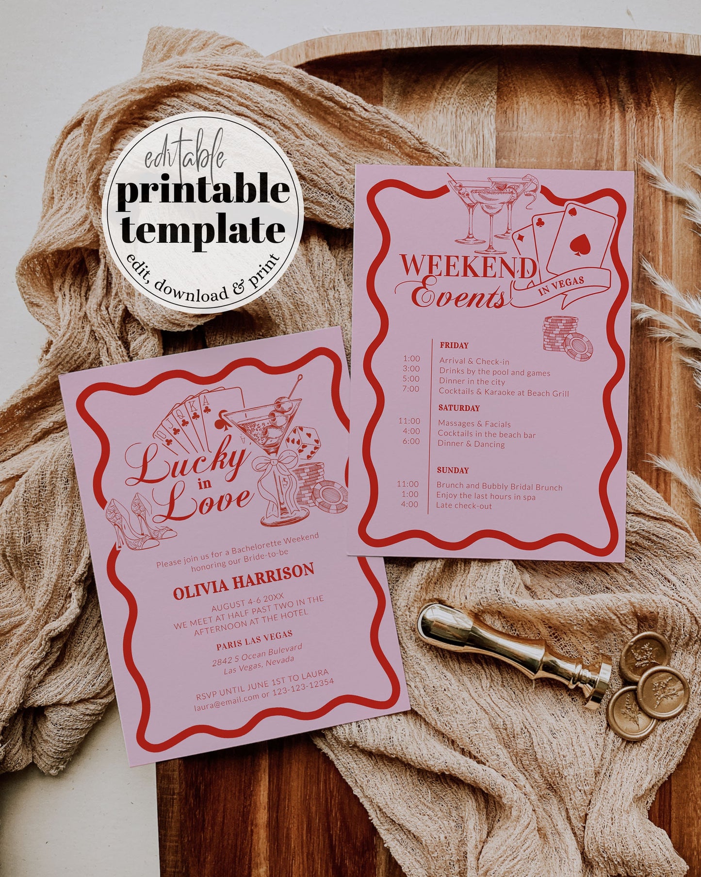 Lucky in Love Handwritten Bachelorette Invitation, Las Vegas Bridal Shower Girls Trip Bach Weekend Itinerary Printable Template Invite #072 - TheLovebirdsDesign