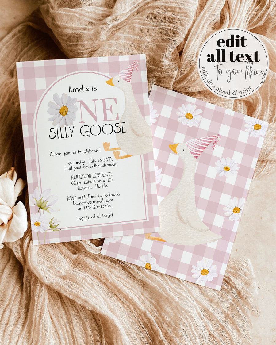 One Silly Goose First Birthday Invitation Template, Boho Pink Daisy Cottagecore Theme 004SG-BINV-PI - marryful.org