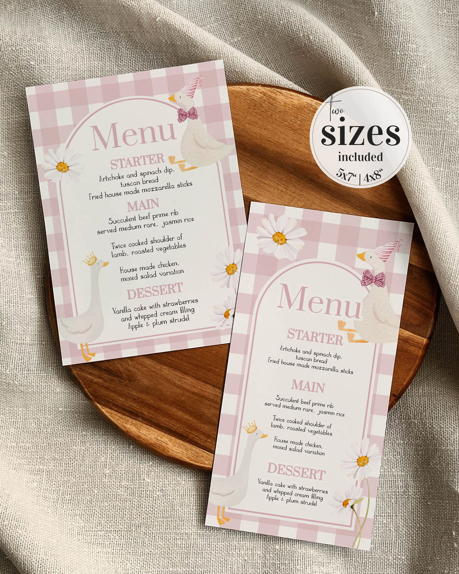 One Silly Goose Menu Cards for First Birthday, Girls Silly Goose Themed Menu Card, Cottagecore Pink Gingham Decor Printable Template #068 - marryful.org