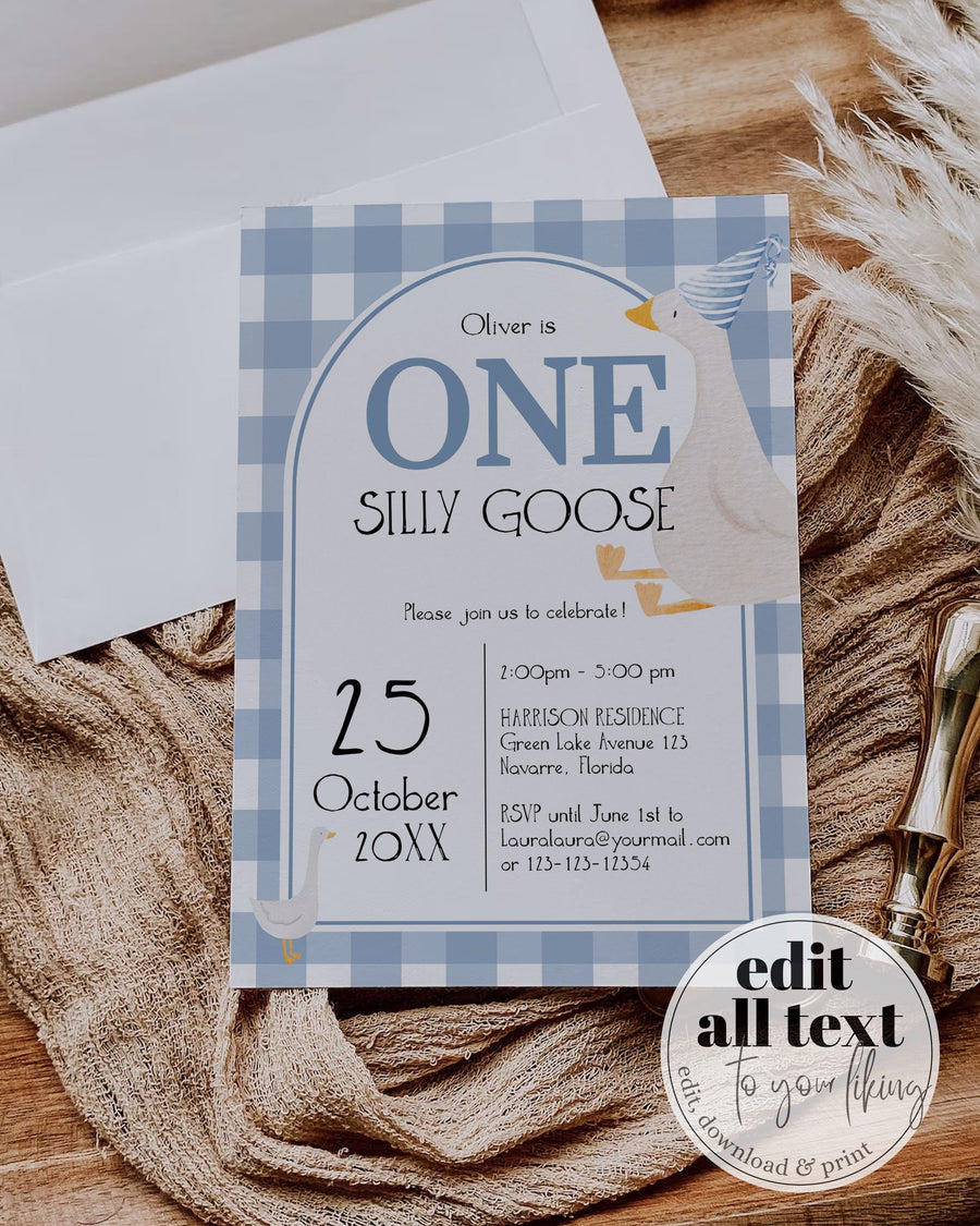 One Silly Goose First Birthday Invitation Template, Boys Gingham Cottagecore Party Printable #068 - marryful.org