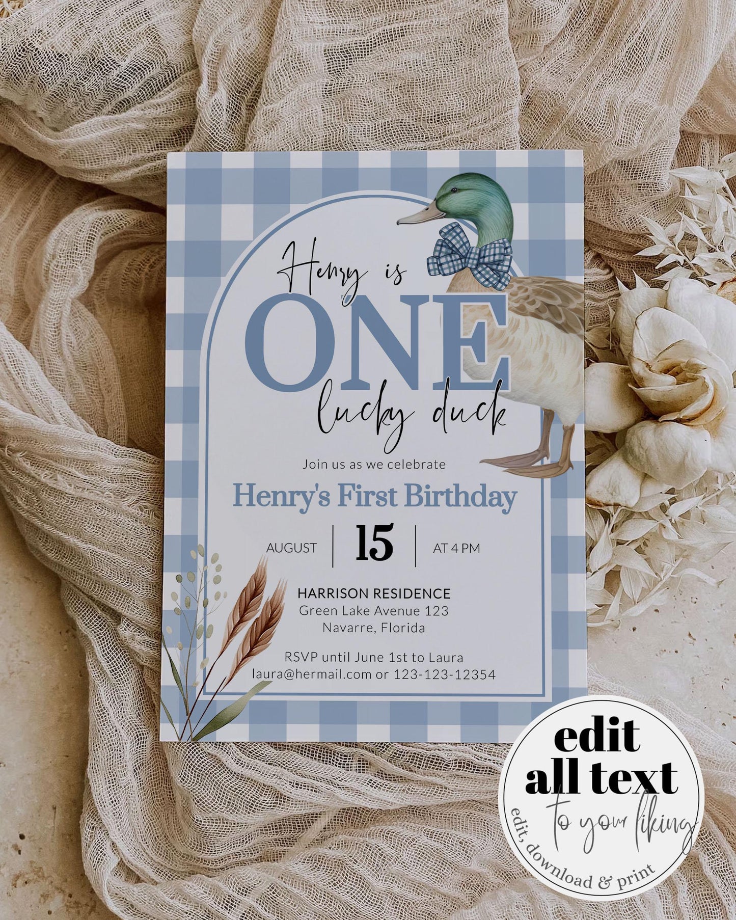 One Lucky Duck Blue Mallard Duck Hunt Birthday Invitation, Editable Lucky Duck First Birthday Invite, Duck Theme Party Decor Template #068 - TheLovebirdsDesign