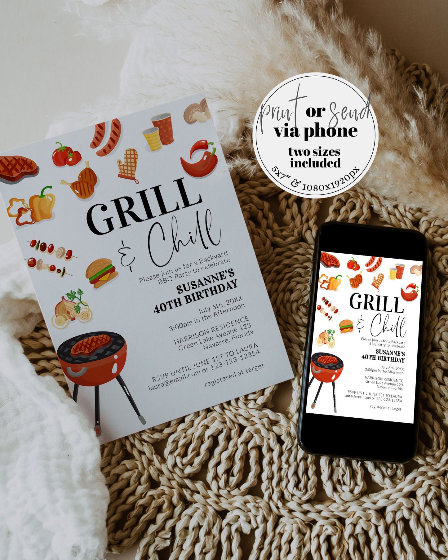 Grill and Chill BBQ Party Invite for Summer Family Reunion, Outdoor Grill Cockout, Fathers Day Barbeque or 60th Birthday Invite #072a - TheLovebirdsDesign