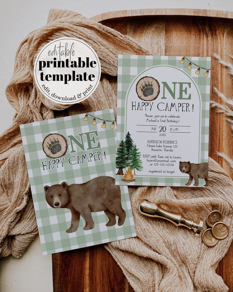One Happy Camper Birthday Invitation Template, Beary First Birthday Boy Outdoor Invite 017HC-BINV - marryful.org