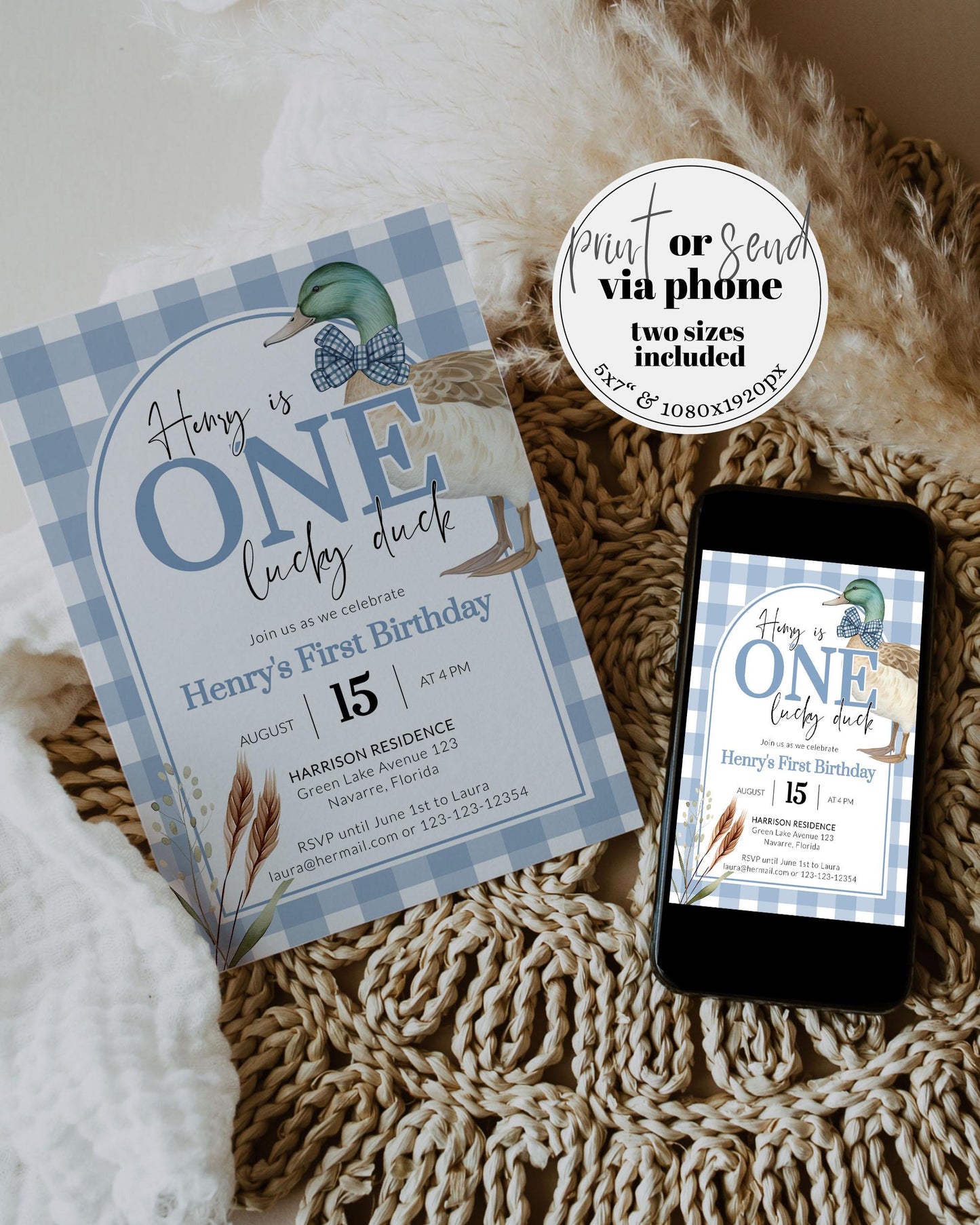 One Lucky Duck Blue Mallard Duck Hunt Birthday Invitation, Editable Lucky Duck First Birthday Invite, Duck Theme Party Decor Template #068 - TheLovebirdsDesign
