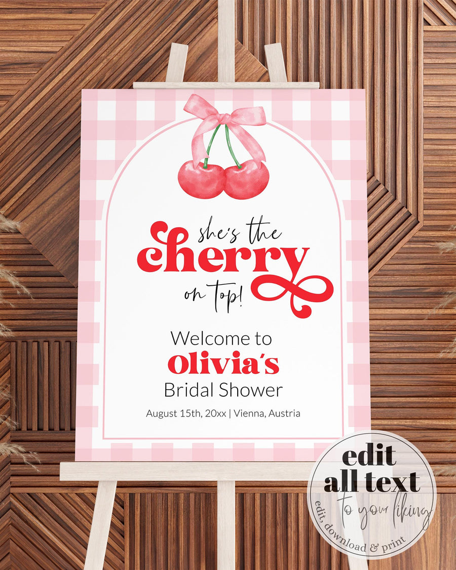 Cherry Sweet Welcome Sign, Cherry On Top Coquette Spring Summer Baby Shower Decoration Template - marryful.org