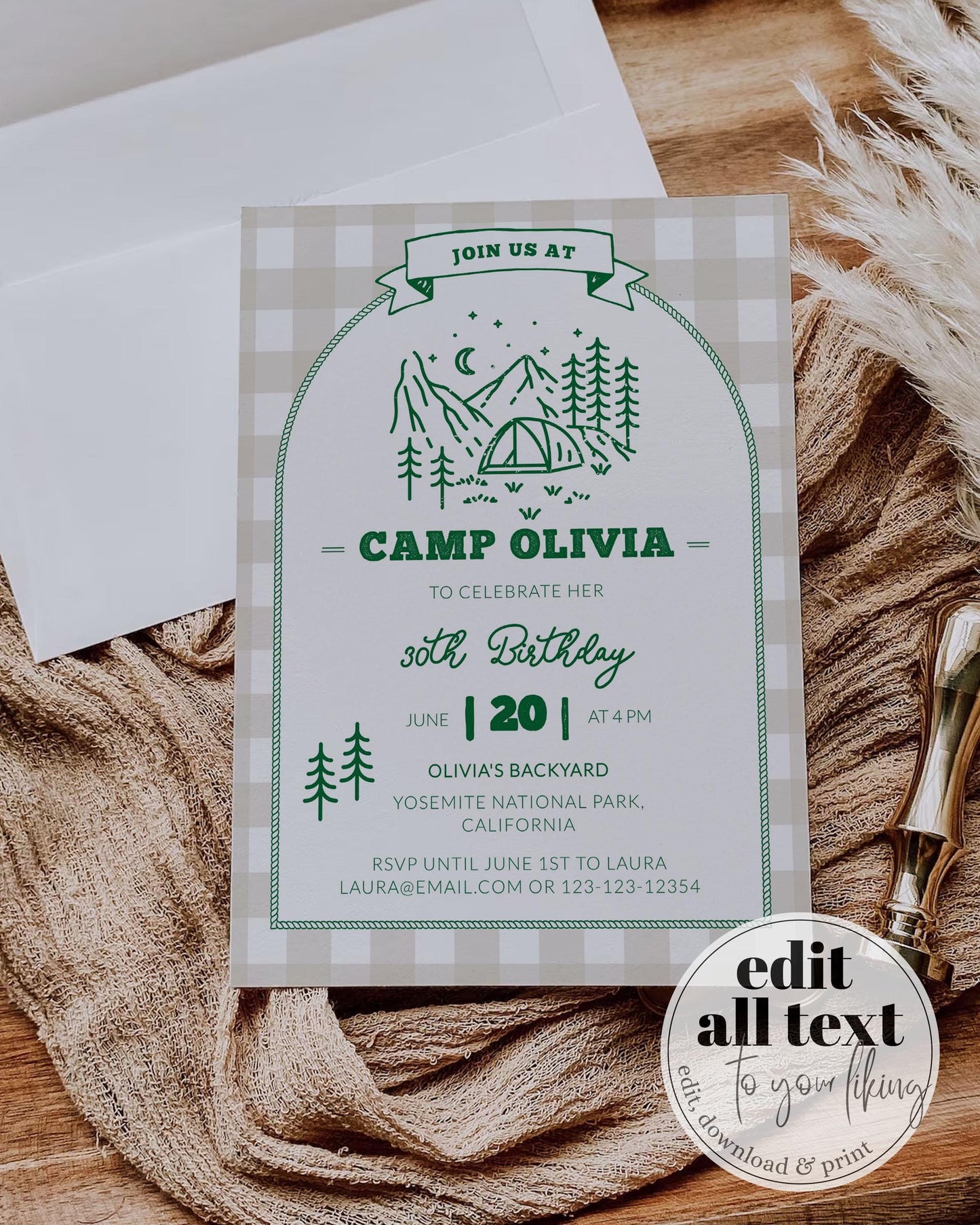 Camping Birthday Invitation, Happy Camper Party Invite, Cottagecore Summer Camp Birthday, Vintage Camping Editable Printable Template #072 - TheLovebirdsDesign