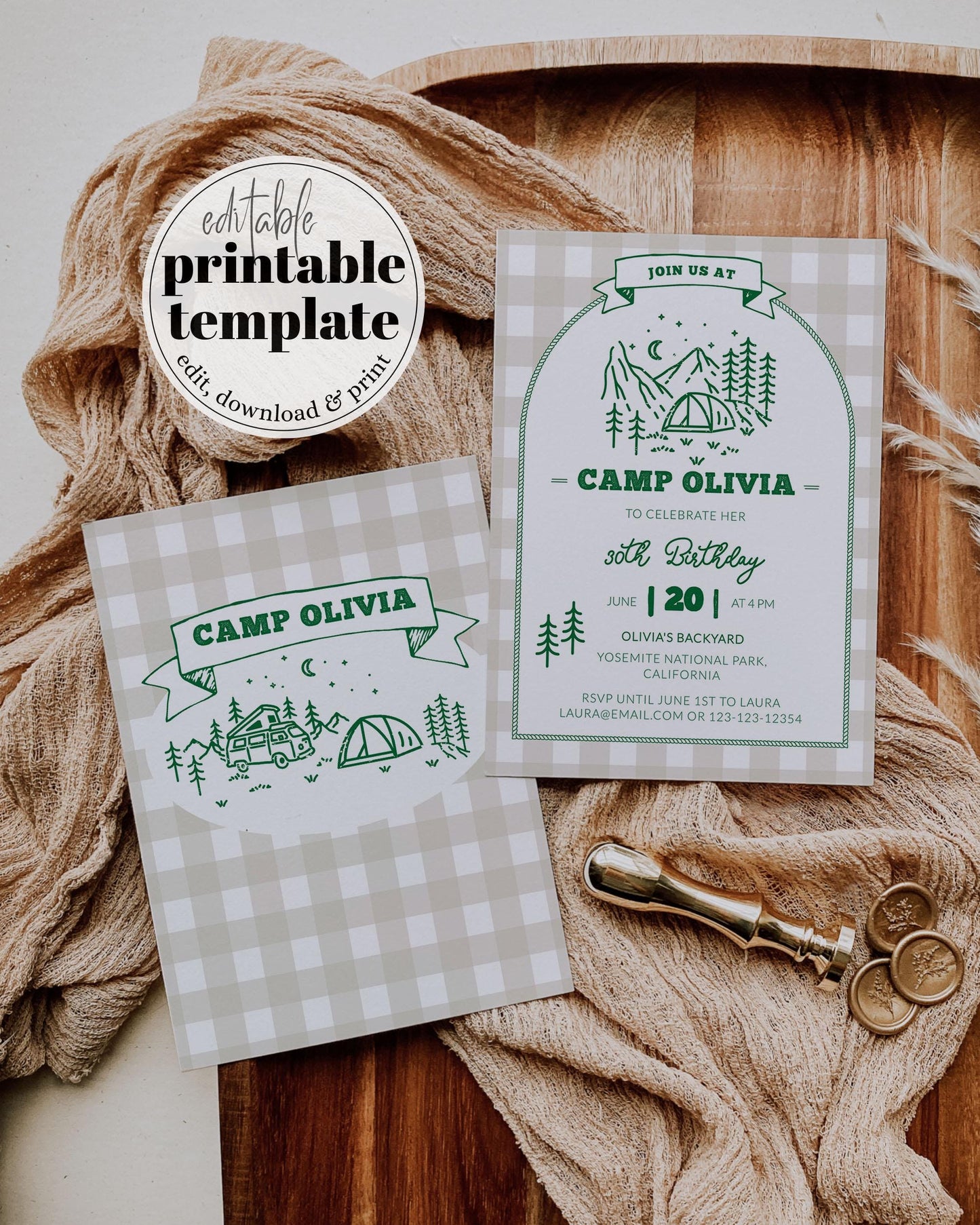Camping Birthday Invitation, Happy Camper Party Invite, Cottagecore Summer Camp Birthday, Vintage Camping Editable Printable Template #072 - TheLovebirdsDesign
