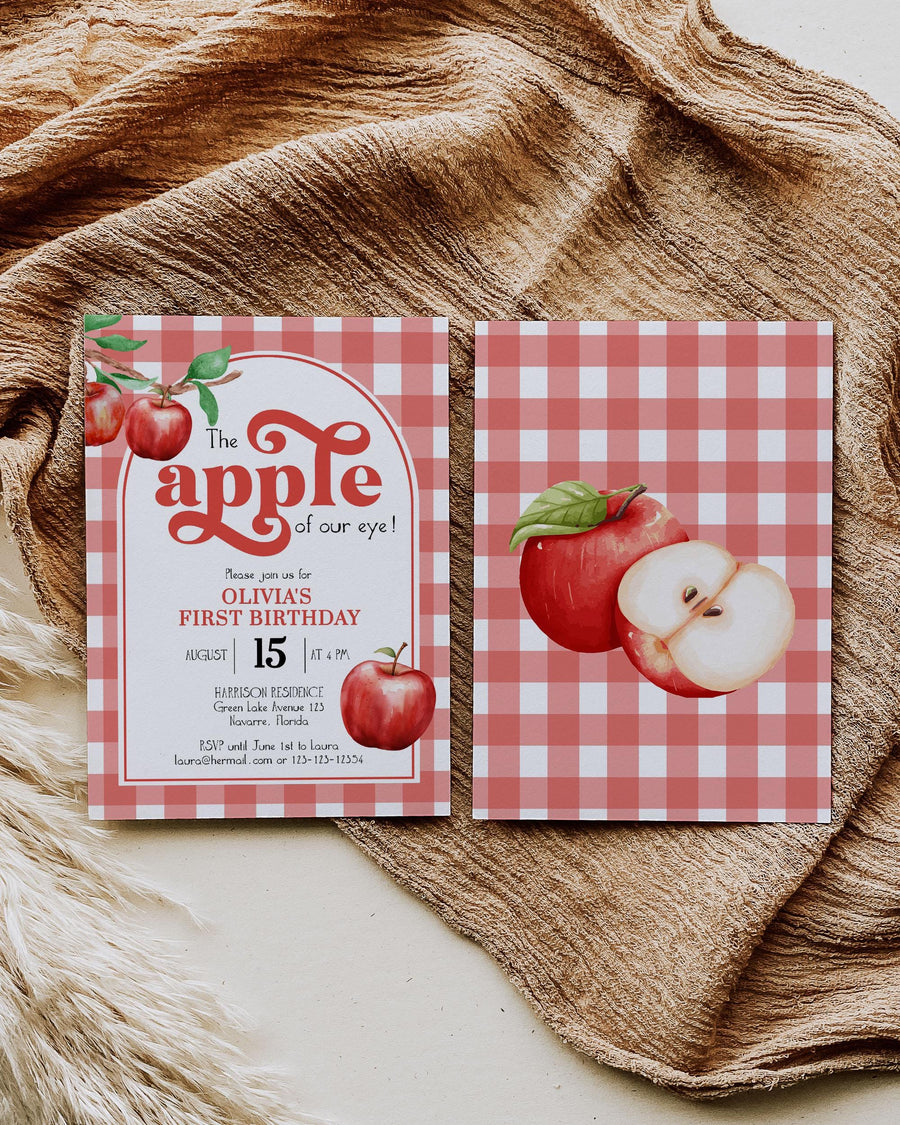 Apple of Our Eye First Birthday Invitation Template, Fall Gingham Coquette Theme 092AP-BINV2 - marryful.org