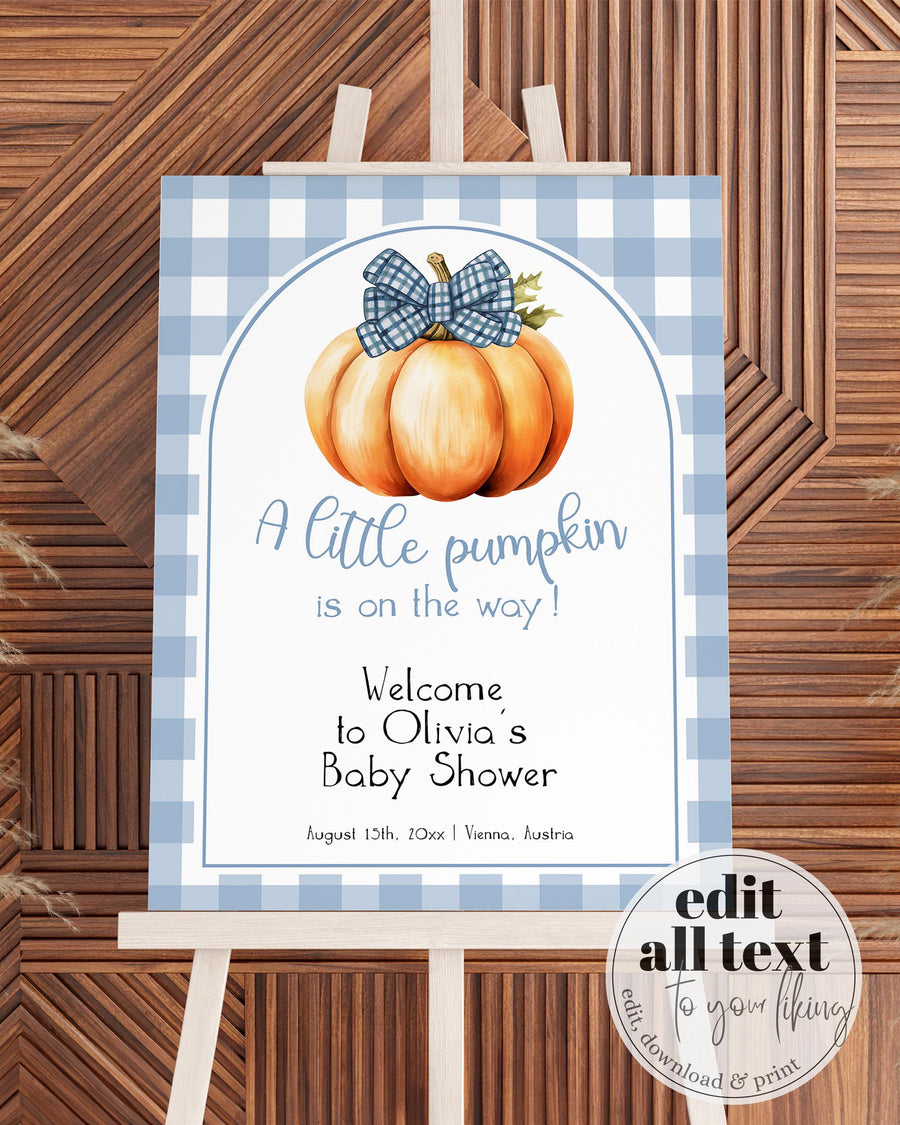 Little Pumpkin Welcome Sign Template, Fall Gingham Bow Baby Shower Decor for Boys 010PU-WLCM-BL - marryful.org