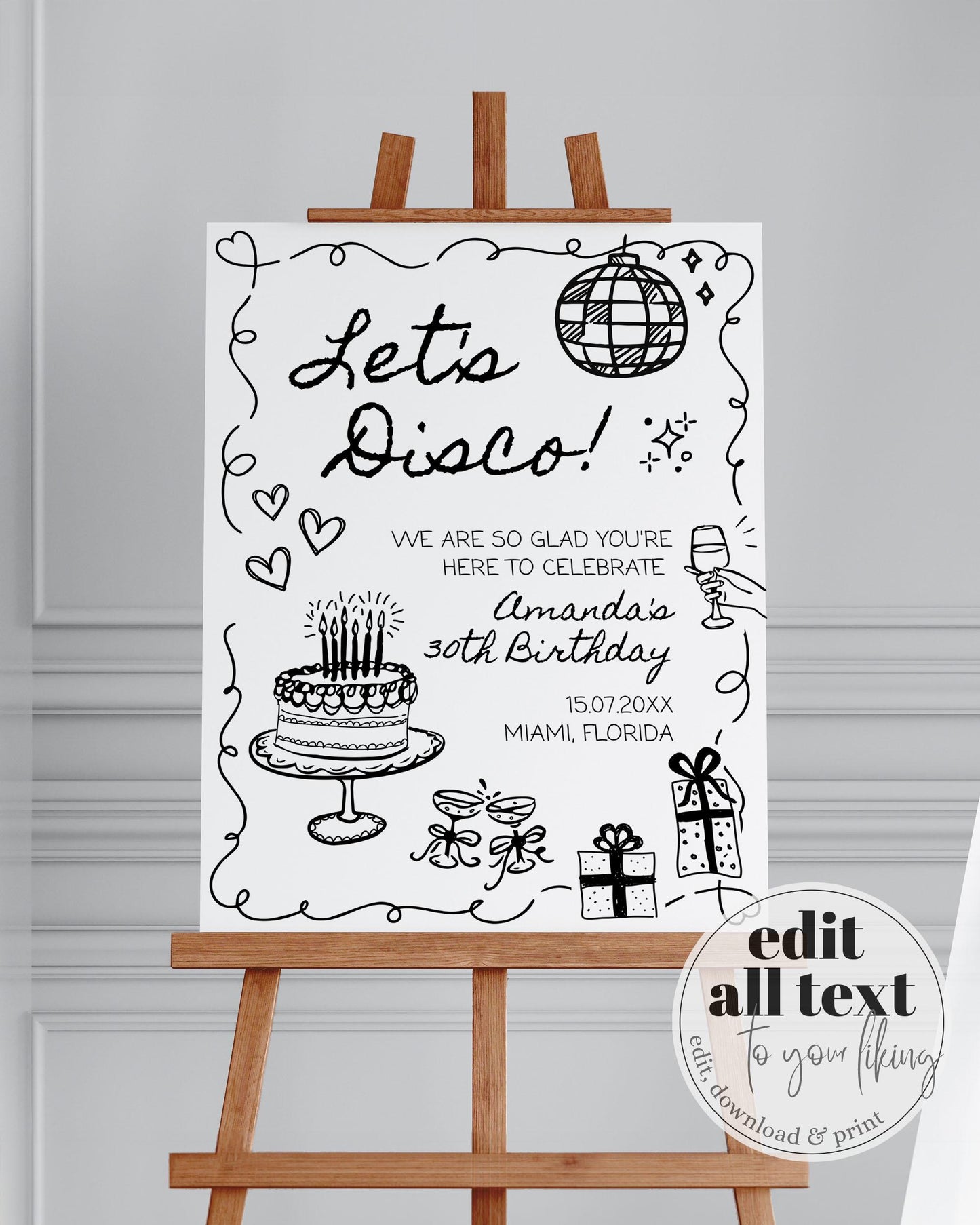 Hand drawn Birthday Welcome Sign with Wavy Frame, Funky Doodle 30th Birthday Decor, Scribbled Illustrated Quirky Birthday Party Template#070 - TheLovebirdsDesign