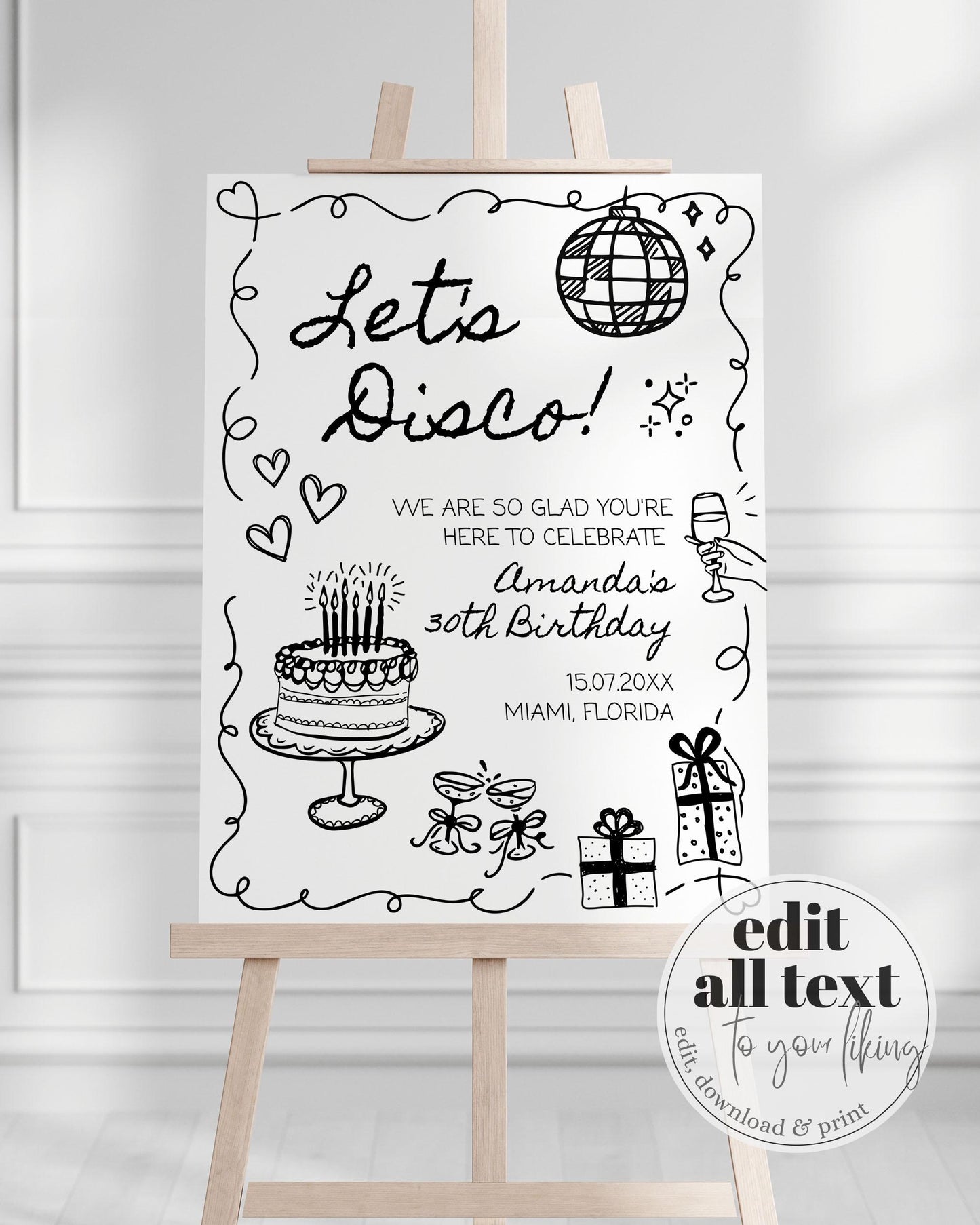 Hand drawn Birthday Welcome Sign with Wavy Frame, Funky Doodle 30th Birthday Decor, Scribbled Illustrated Quirky Birthday Party Template#070 - TheLovebirdsDesign